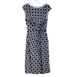 Ralph‎ Lauren Navy Blue & White Squares Ruched Sleeveless Midi Dress- Size 4